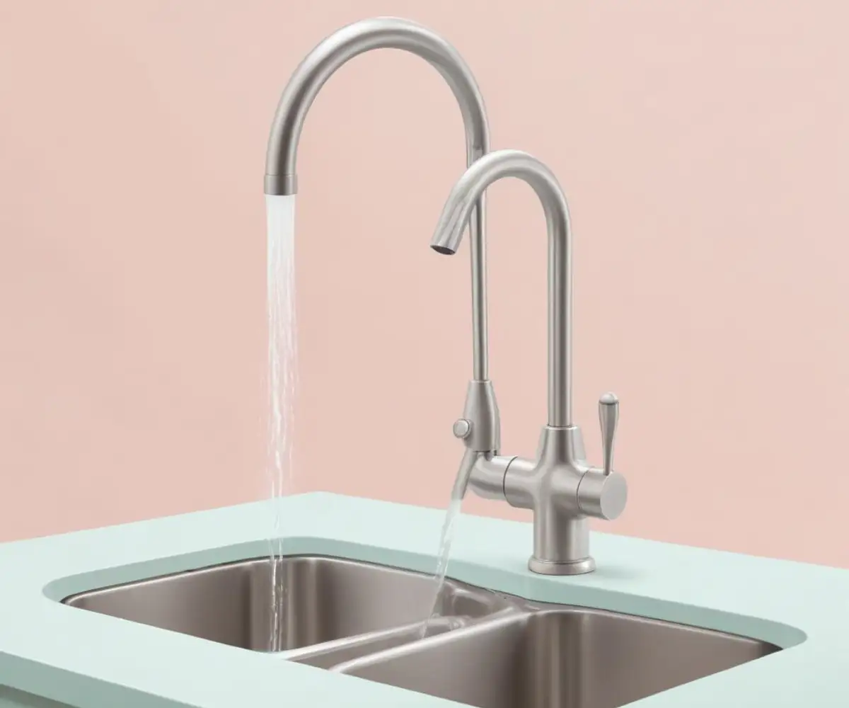 A modern, stainless steel gooseneck kitchen faucet with a weak stream of water flowing into a clean, undermount sink.