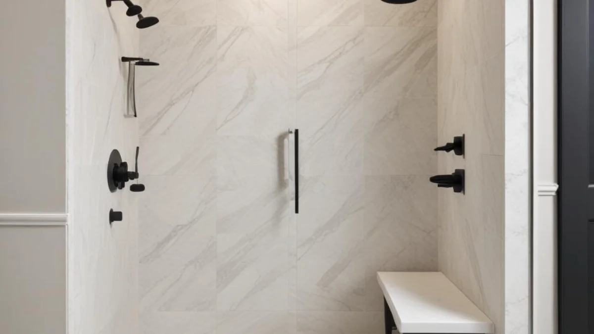 A luxurious walk-in shower with seamless marble-patterned Kohler LuxStone walls, a matte black showerhead, and a glass door.