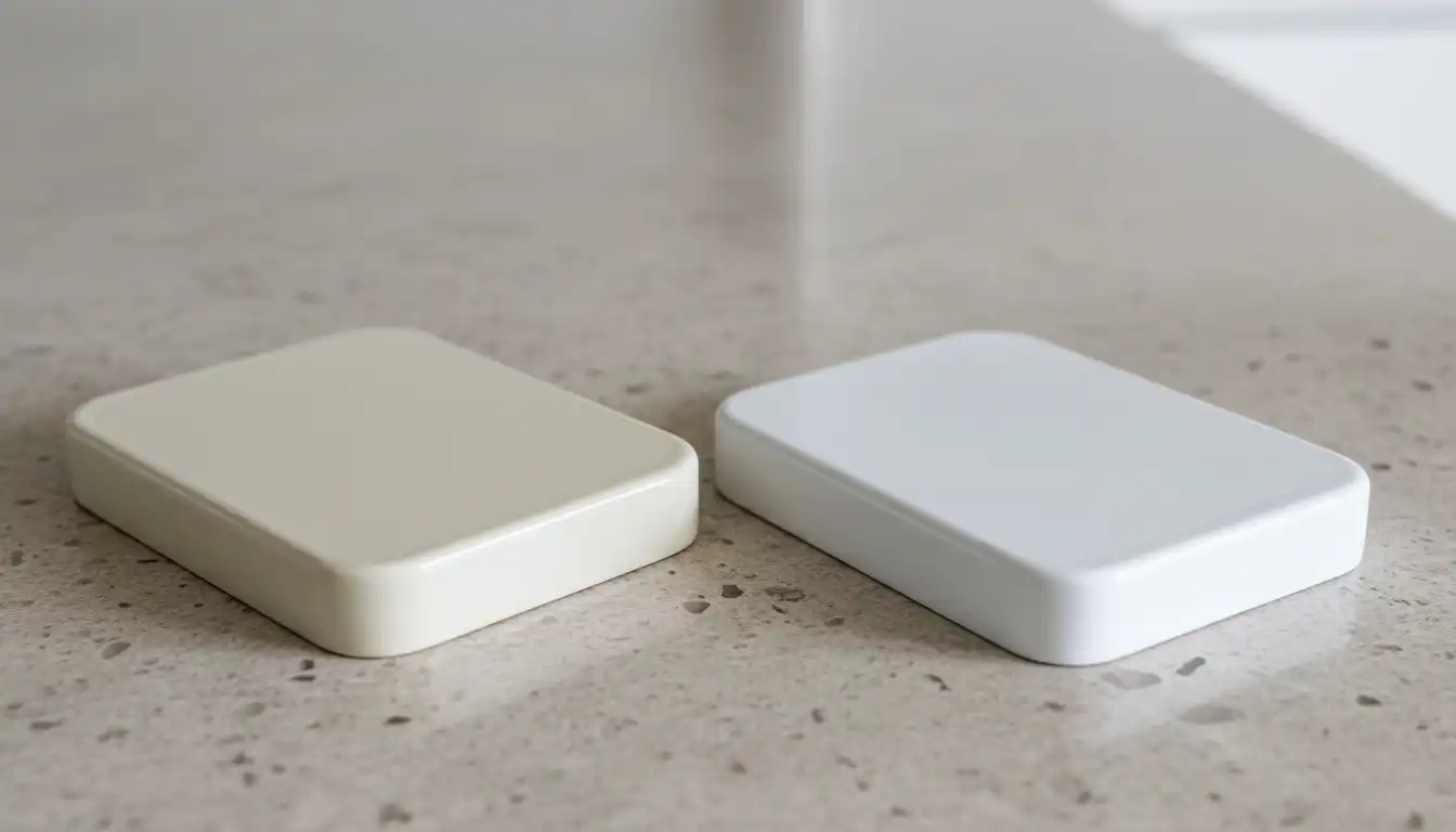 A side-by-side comparison of two enameled cast iron fixture samples, one in a soft off-white Sea Salt finish and the other in a classic bright White finish, against a neutral stone countertop.