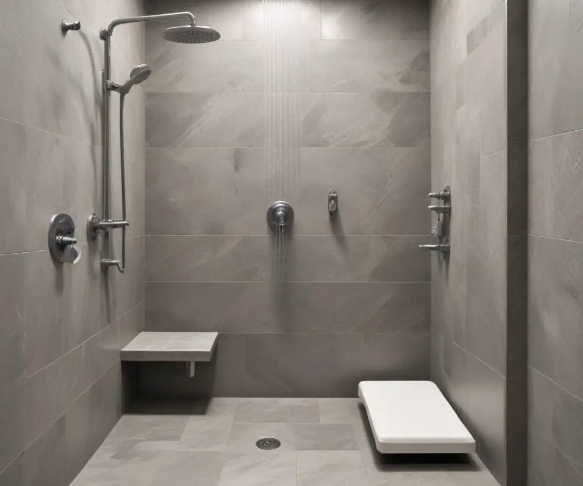 A walk-in shower stall featuring textured gray wall panels, a chrome multi-function shower head, and a built-in shower bench.