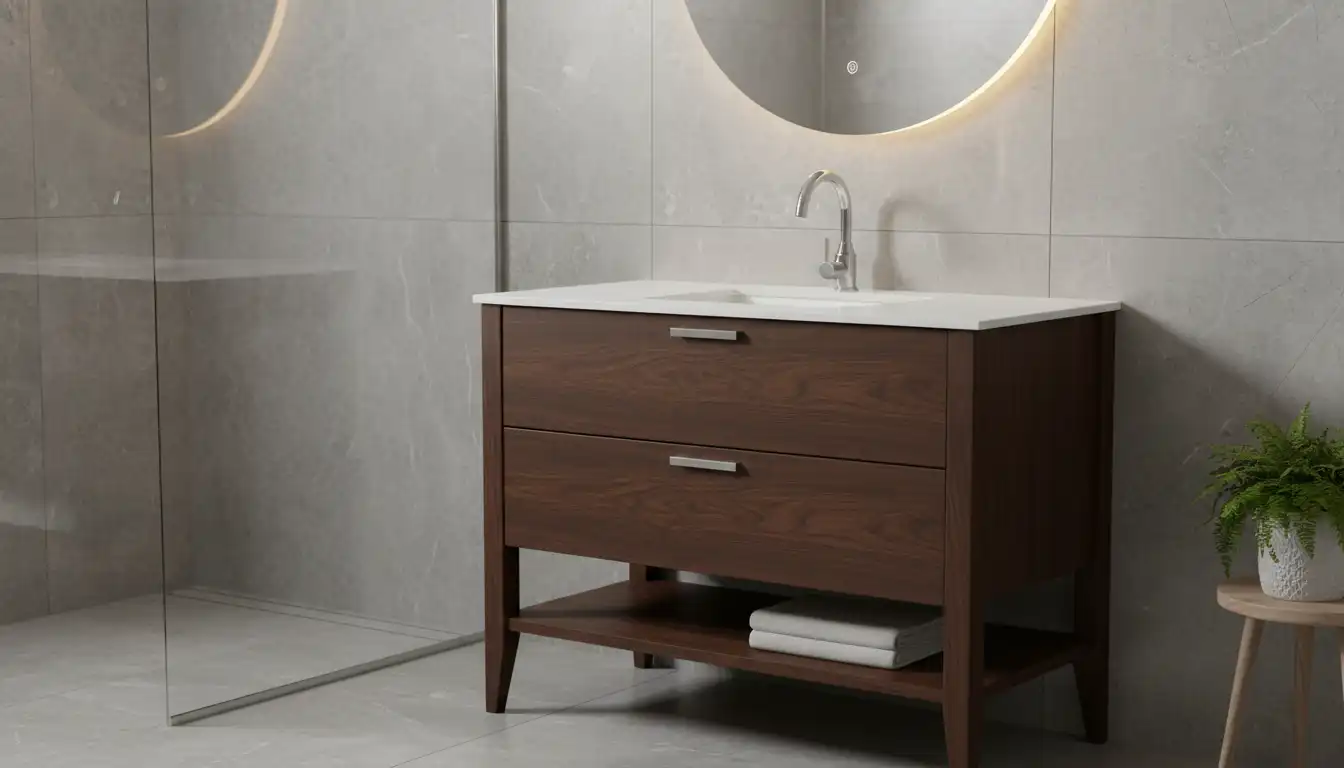A freestanding, dark wood bathroom vanity with a white quartz countertop, integrated sink, and polished chrome faucet.