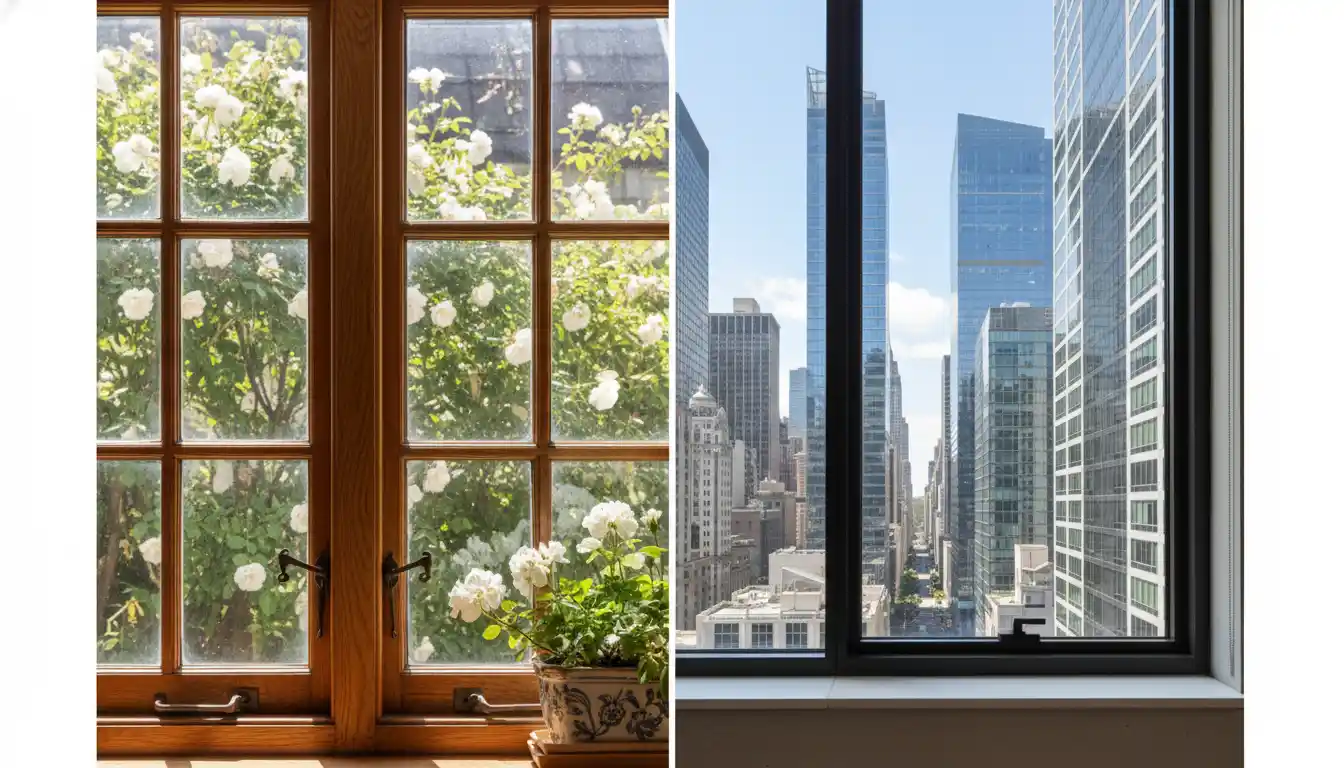 A split view showing a classic wood-clad window on one side and a sleek, modern black-framed window on the other.