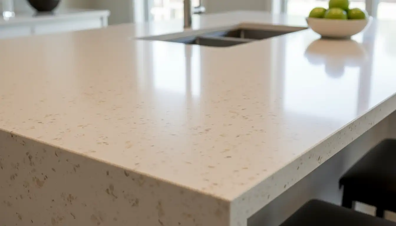 A polished quartz countertop with a subtle, neutral-colored speckled pattern and a smooth, reflective surface.