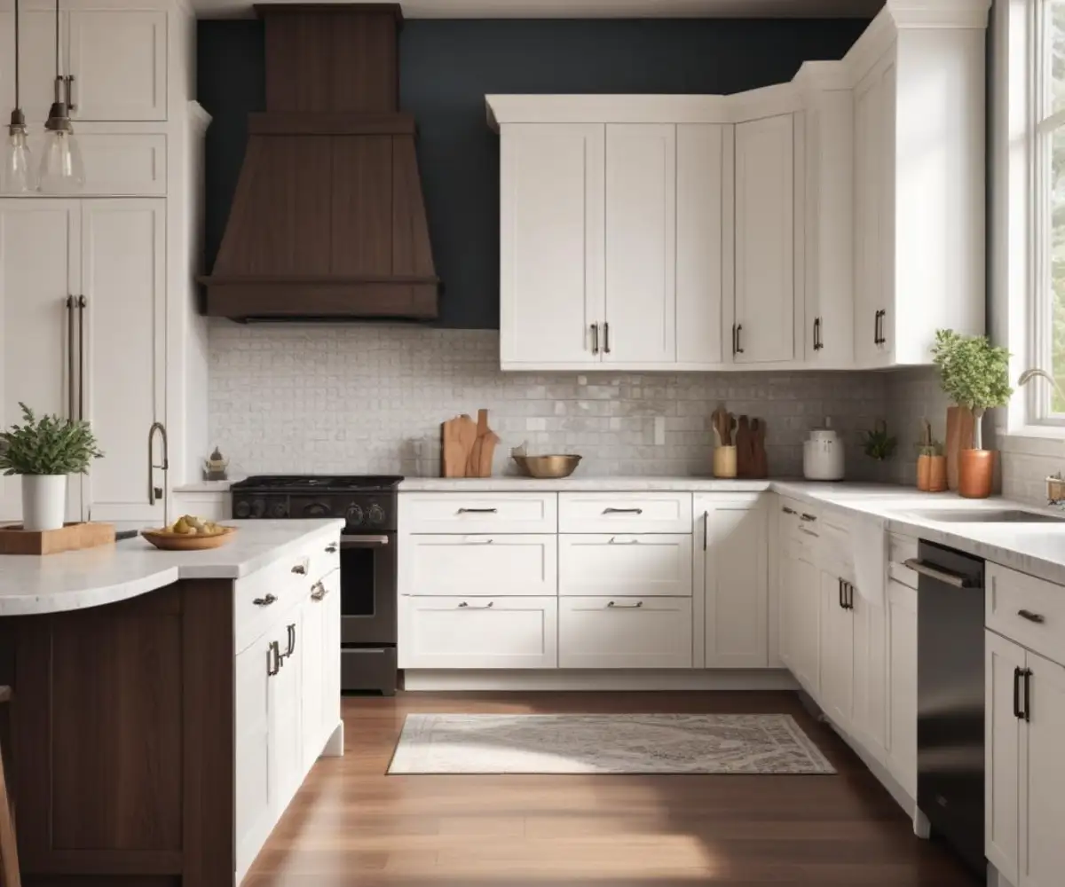 White shaker style kitchen cabinets next to dark wood traditional cabinets.