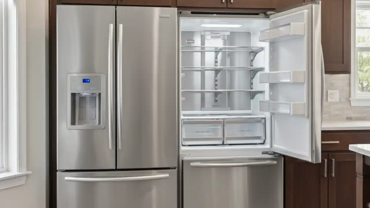 A stainless steel, counter-depth, five-door refrigerator with a platinum interior and an external ice and water dispenser.