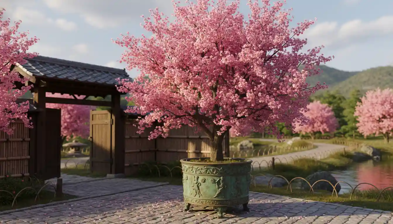 A flowering Kwanzan cherry tree with vibrant pink blossoms planted in a large decorative outdoor container.