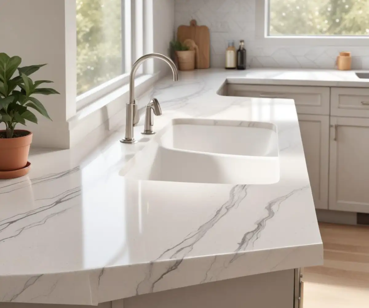 A polished white L-shaped quartz countertop with subtle gray veining, an undermount sink, and a seamless corner.