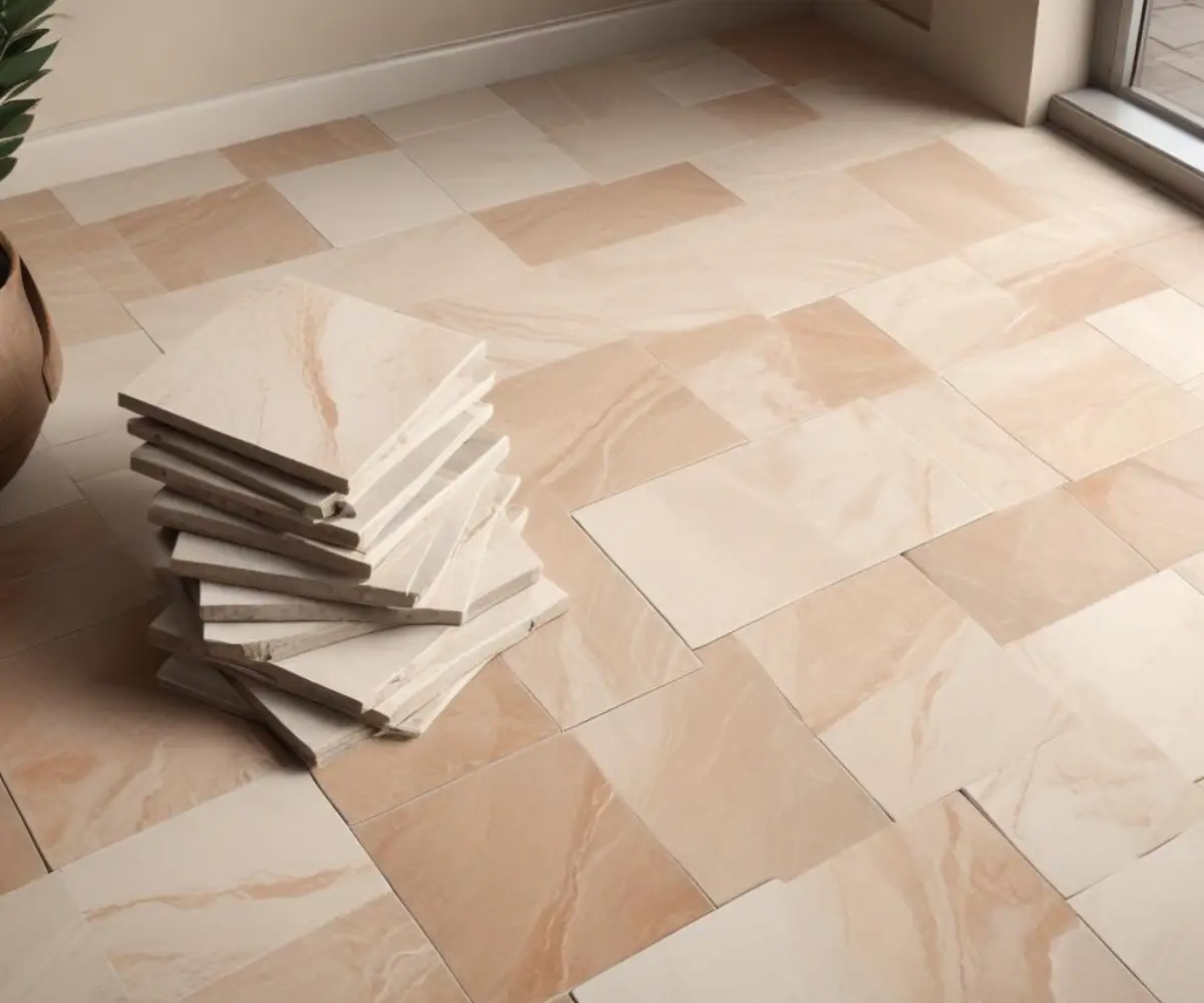 A stack of elegant, stone-look porcelain floor tiles with a textured matte finish.