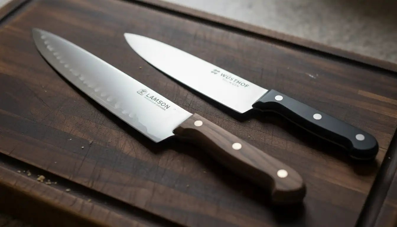 A Lamson chef knife and a Wusthof chef knife resting side-by-side on a dark wooden cutting board.