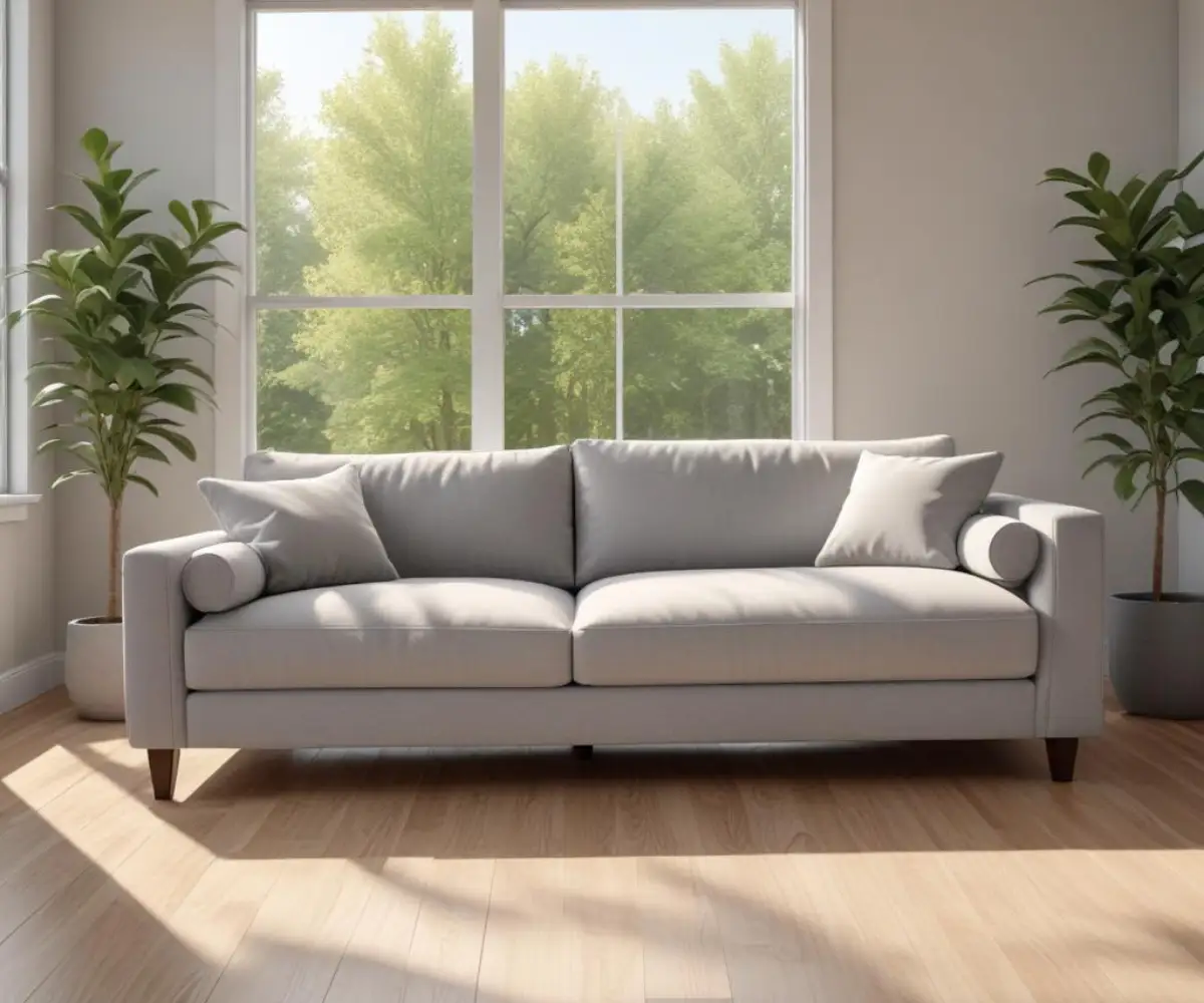 A well-lit living room showcasing a light gray Lancer sofa with clean lines and plush cushions on a hardwood floor.