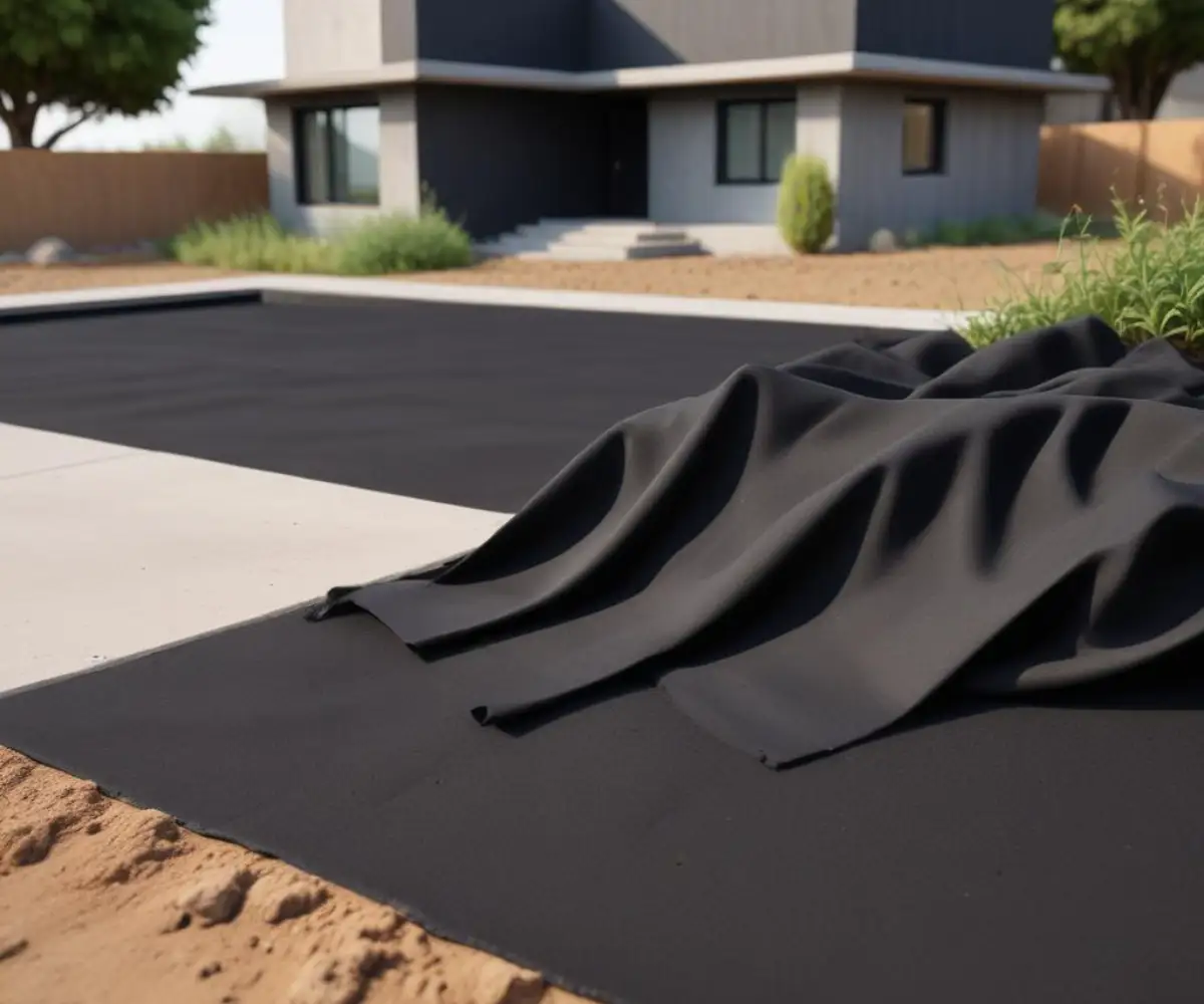 Black landscape fabric laid on the soil next to a concrete house foundation.