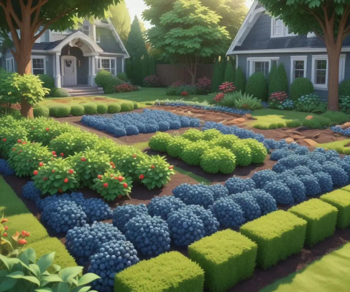 A manicured front yard garden bed with several blueberry bushes bearing ripe fruit, surrounded by green foliage and mulch.