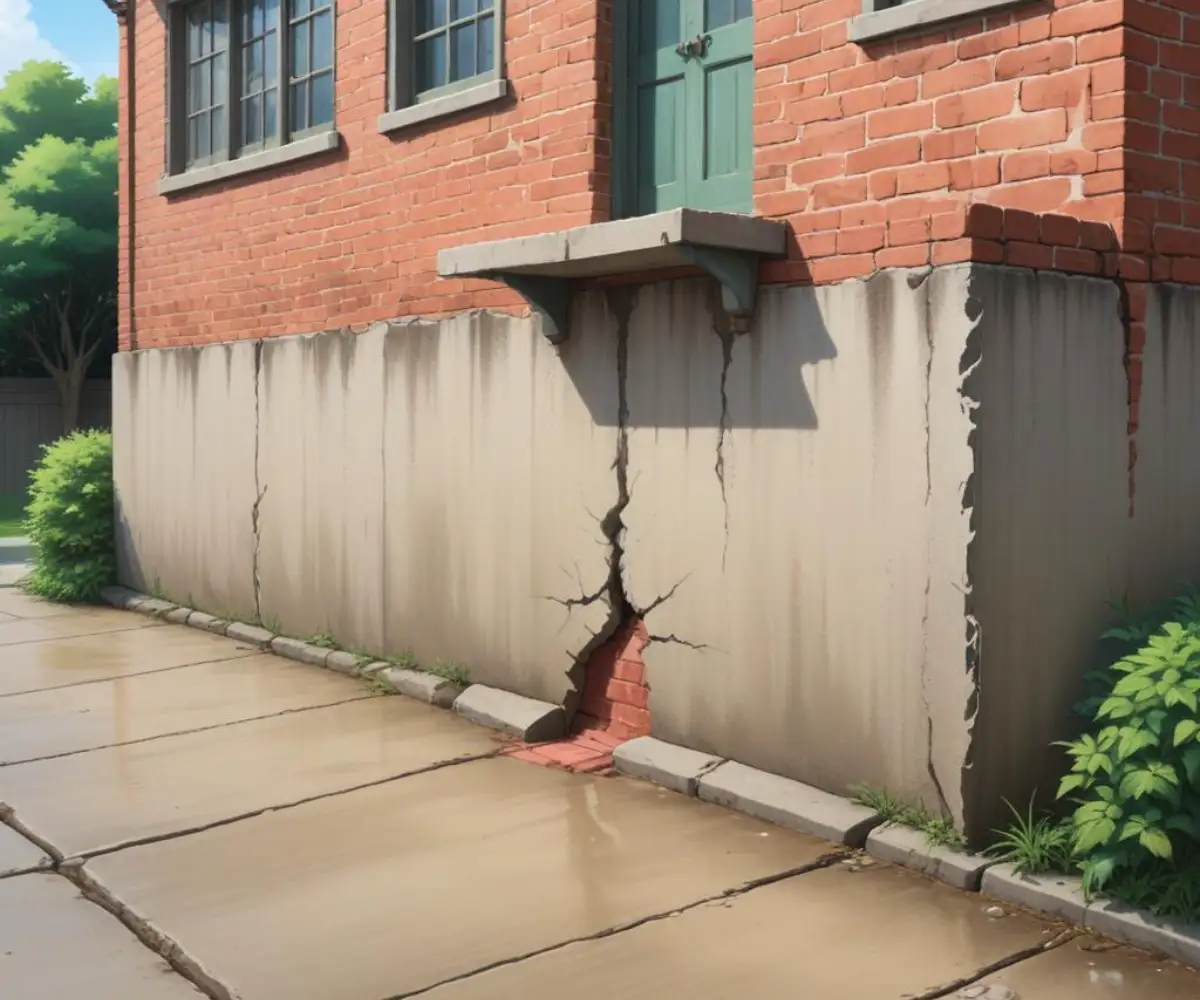 A wide separation crack between a poured concrete patio and the exterior brick wall and foundation of a house.