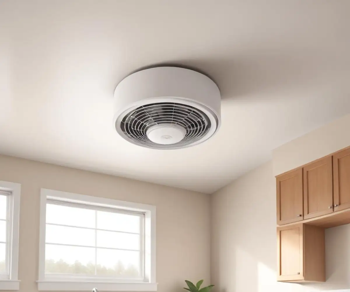 A white, ceiling-mounted exhaust fan with a light in the center, installed in a laundry room with clean, white walls.