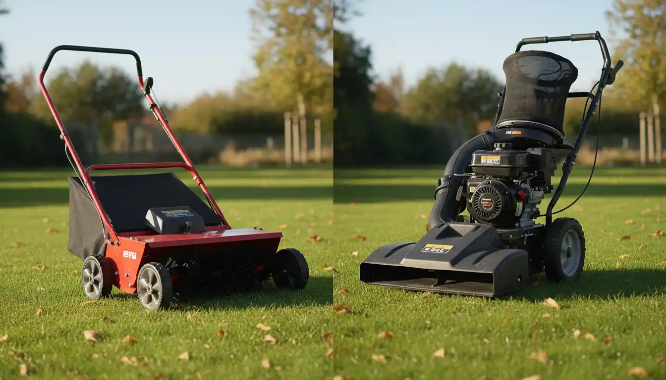 A side-by-side view of a red push lawn sweeper and a black wheeled lawn vacuum on a patch of green grass.
