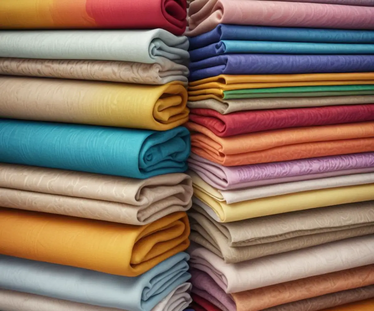 A close-up of a stack of assorted, colorful upholstery fabric samples with varied textures and patterns.