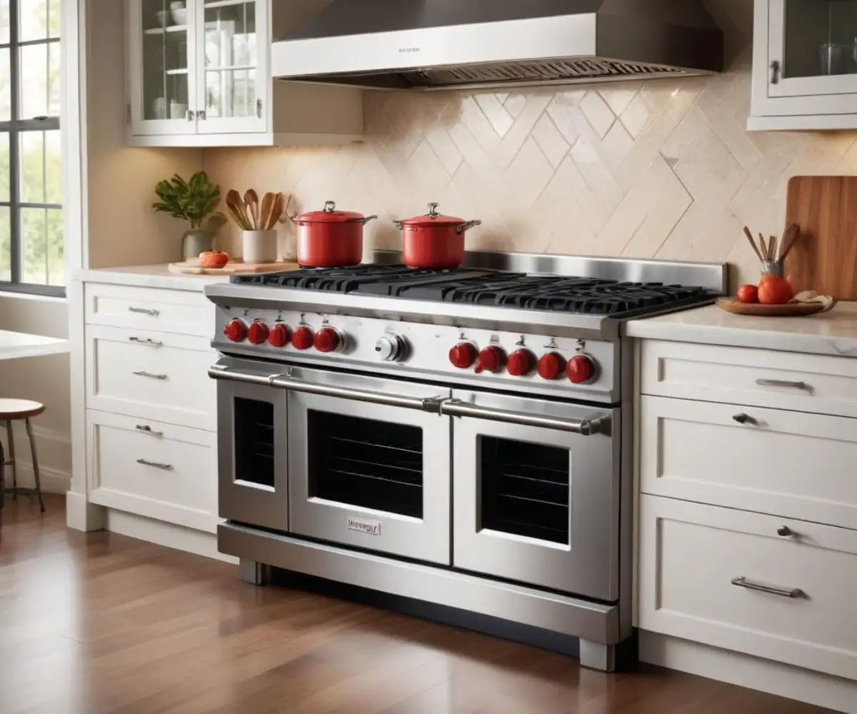 A professional stainless steel Wolf gas range with six burners and signature red control knobs installed in a gourmet kitchen.
