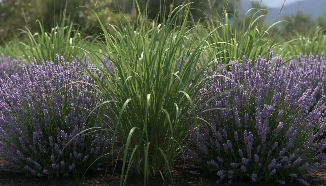 A fragrant garden bed featuring tall, green lemongrass stalks interspersed with vibrant purple lavender flowers under bright, natural sunlight.