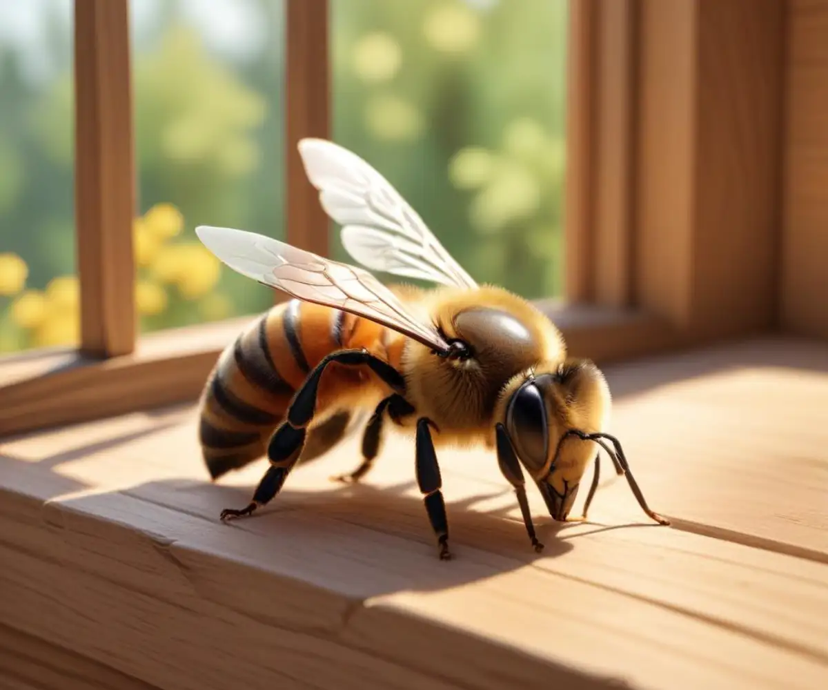 A close-up of a single honeybee resting on a wooden windowsill indoors.