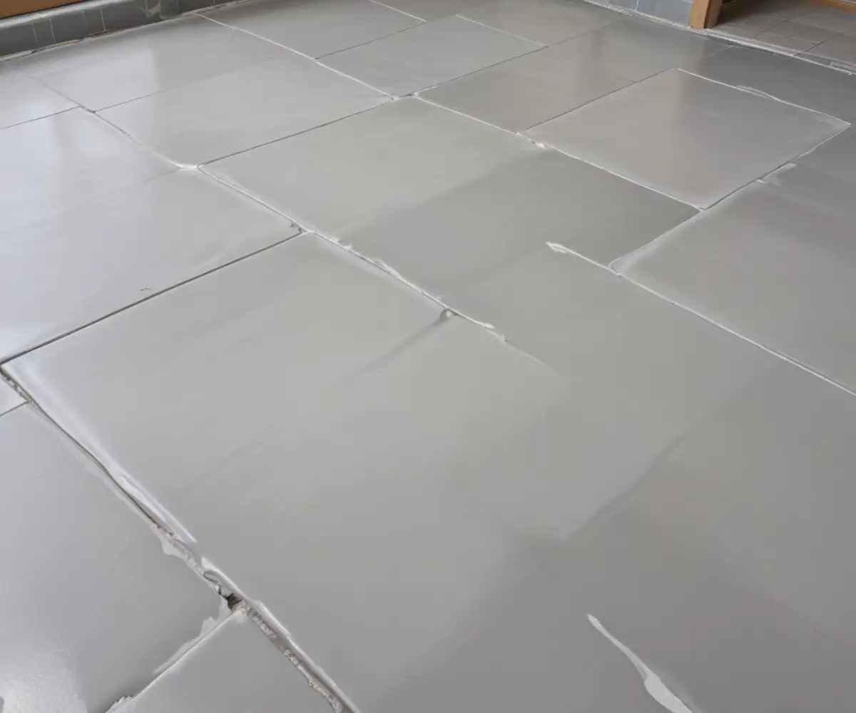 A smooth, freshly poured layer of gray self-leveling compound covering an old, uneven ceramic tile floor in preparation for new flooring.