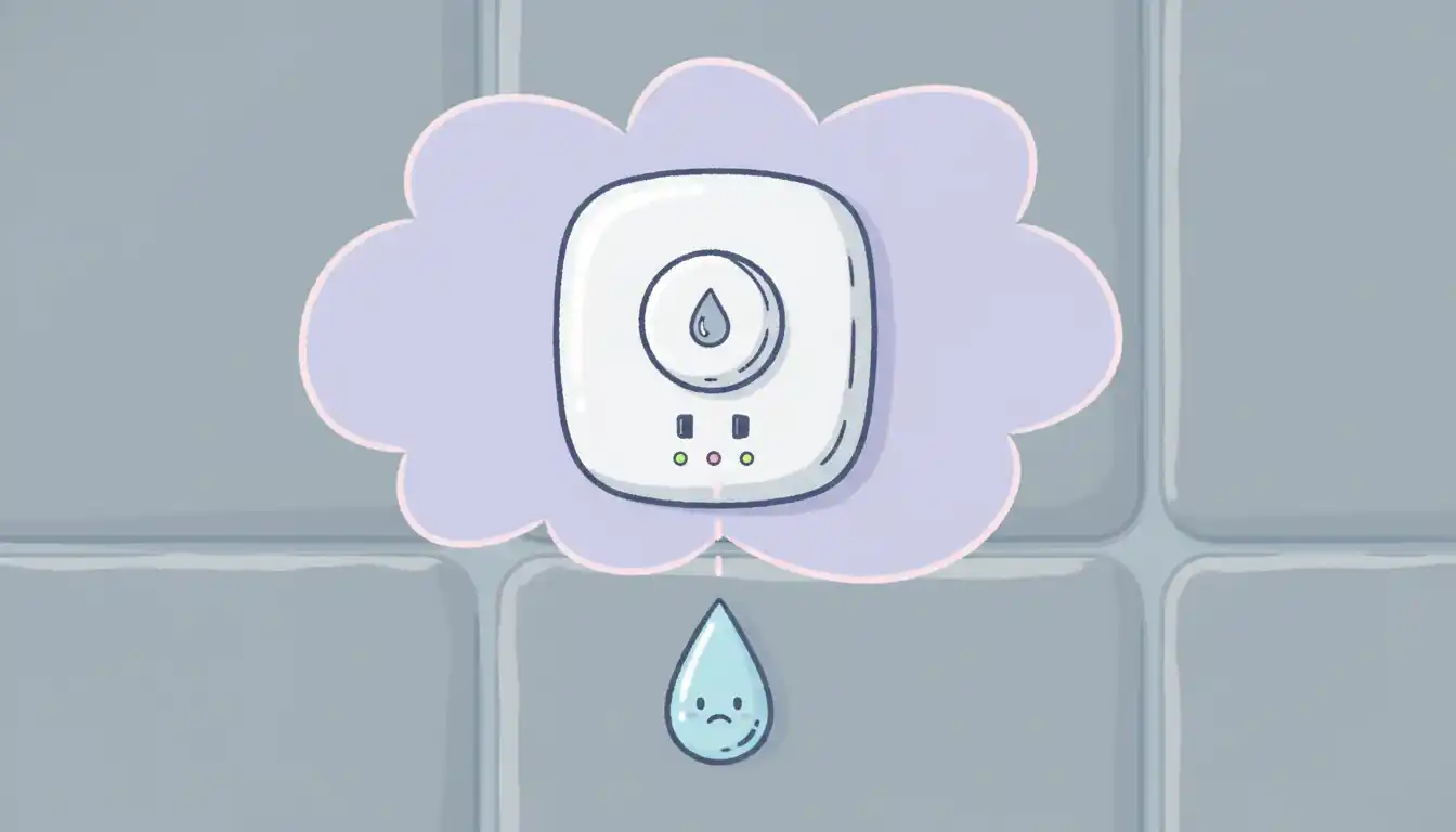 A white, modern humidity sensor switch and outlet combination mounted on a gray tiled wall.