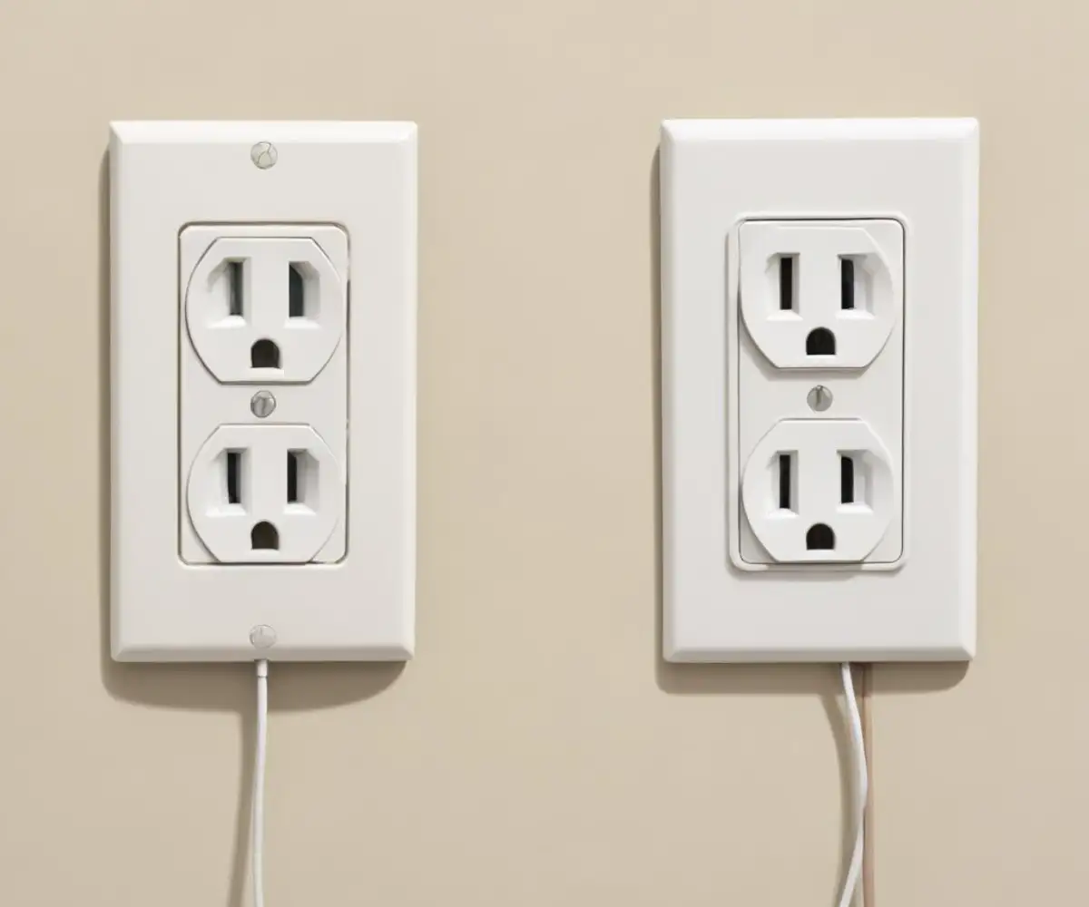 A side-by-side studio shot of a white Leviton electrical outlet and a white Legrand electrical outlet on a neutral background.
