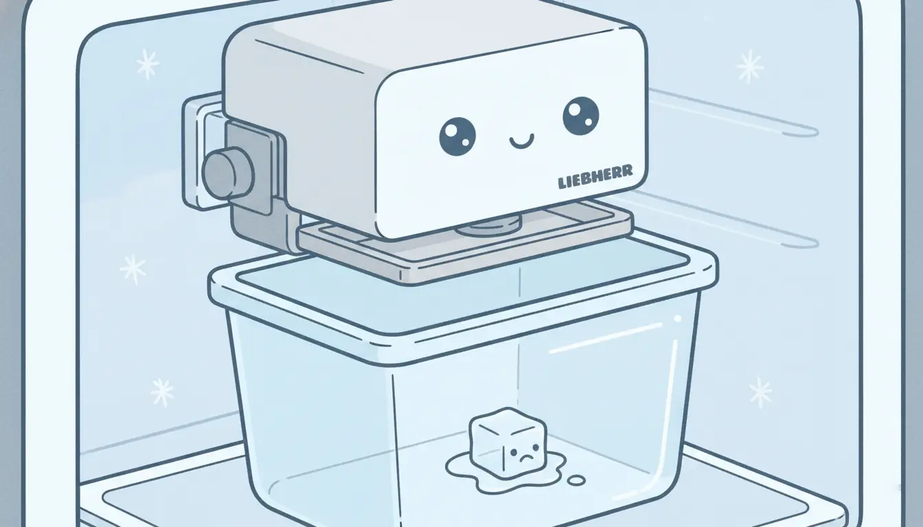 A close-up view of a Liebherr refrigerator's internal ice maker mechanism and collection bin.