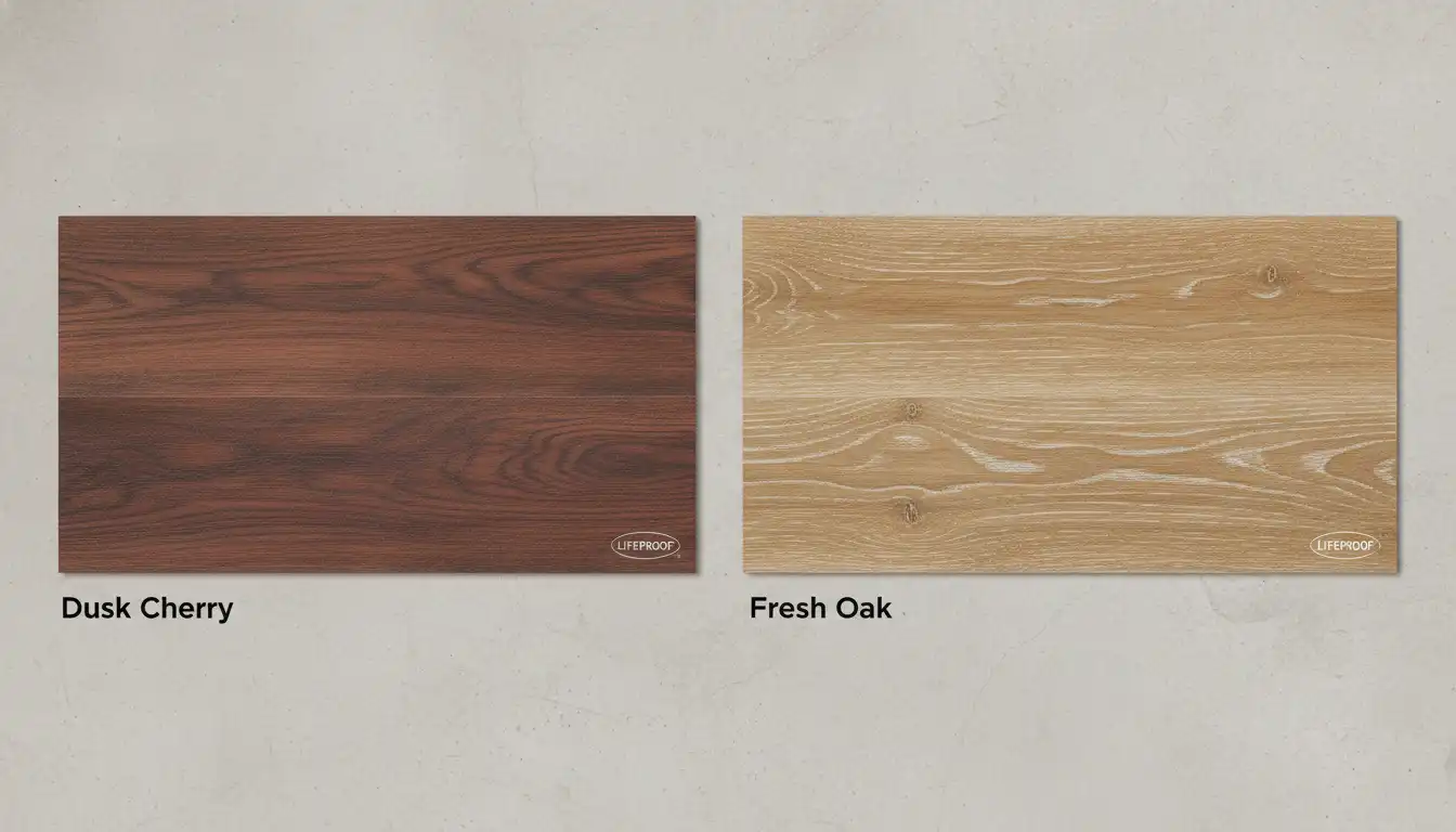 Side-by-side comparison of Dusk Cherry and Fresh Oak luxury vinyl plank flooring samples on a neutral background.