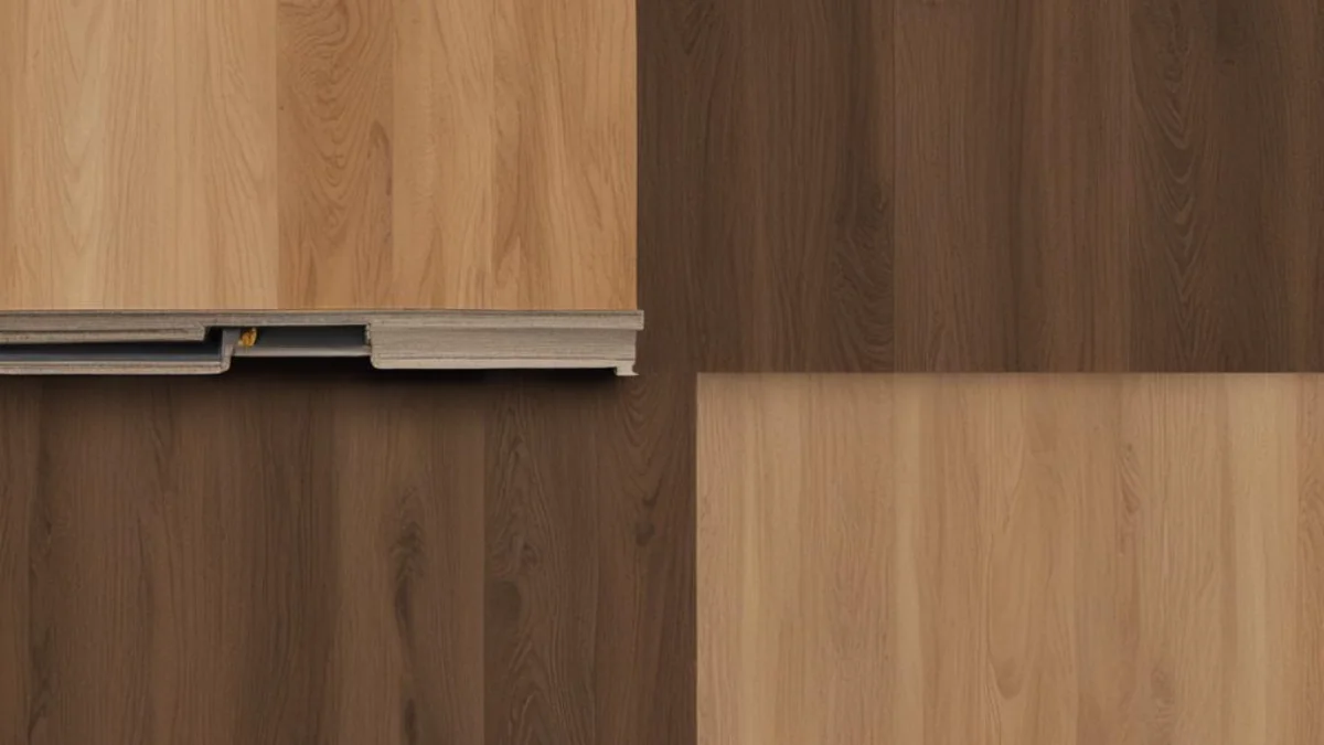 Side-by-side comparison of Lifeproof and NuCore vinyl flooring planks, showcasing their different wood grain textures and core layers.