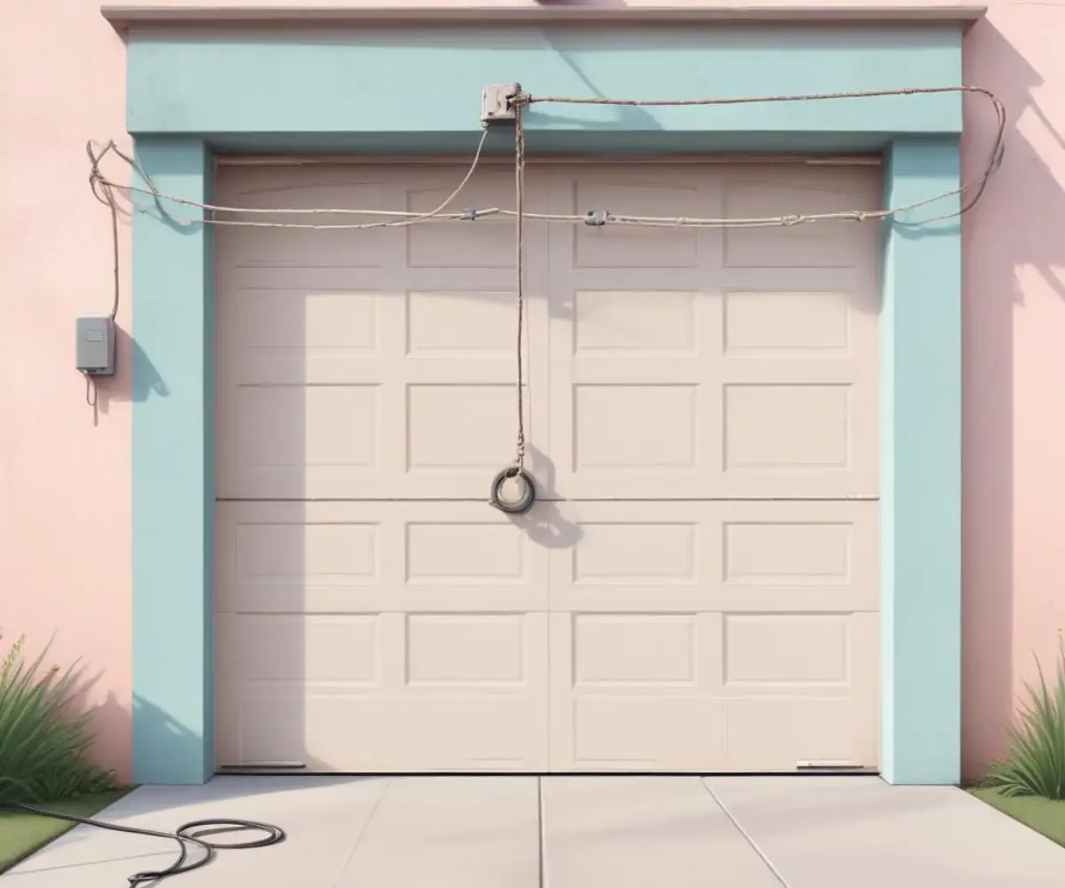 A loose and tangled garage door cable next to the pulley drum and track.