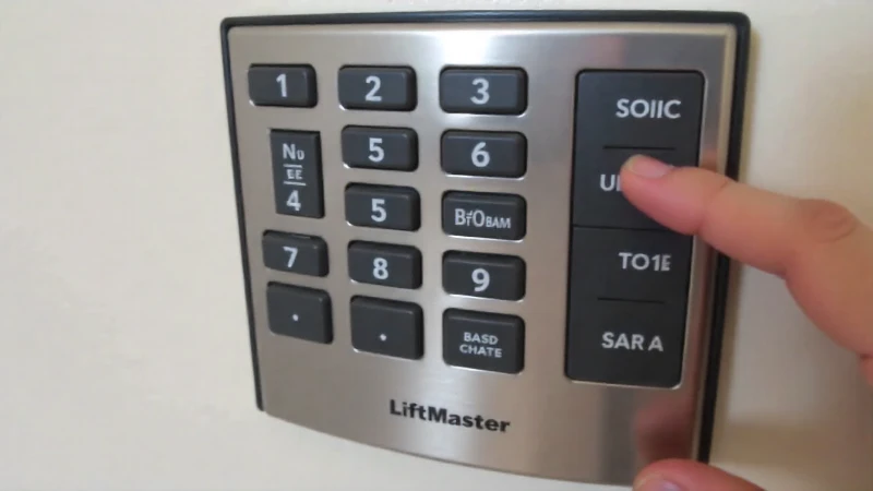 A frost-covered garage door keypad mounted on an exterior wall in winter.