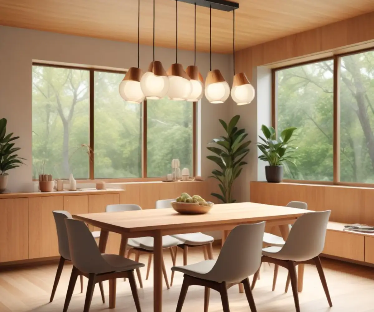 A modern pendant light hanging off-center above a rectangular wooden dining table.