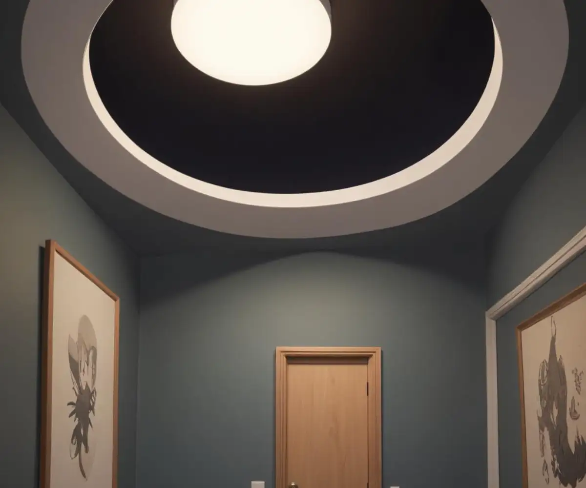 A gap between a modern, dark-colored, circular ceiling light fixture and a white drywall ceiling.