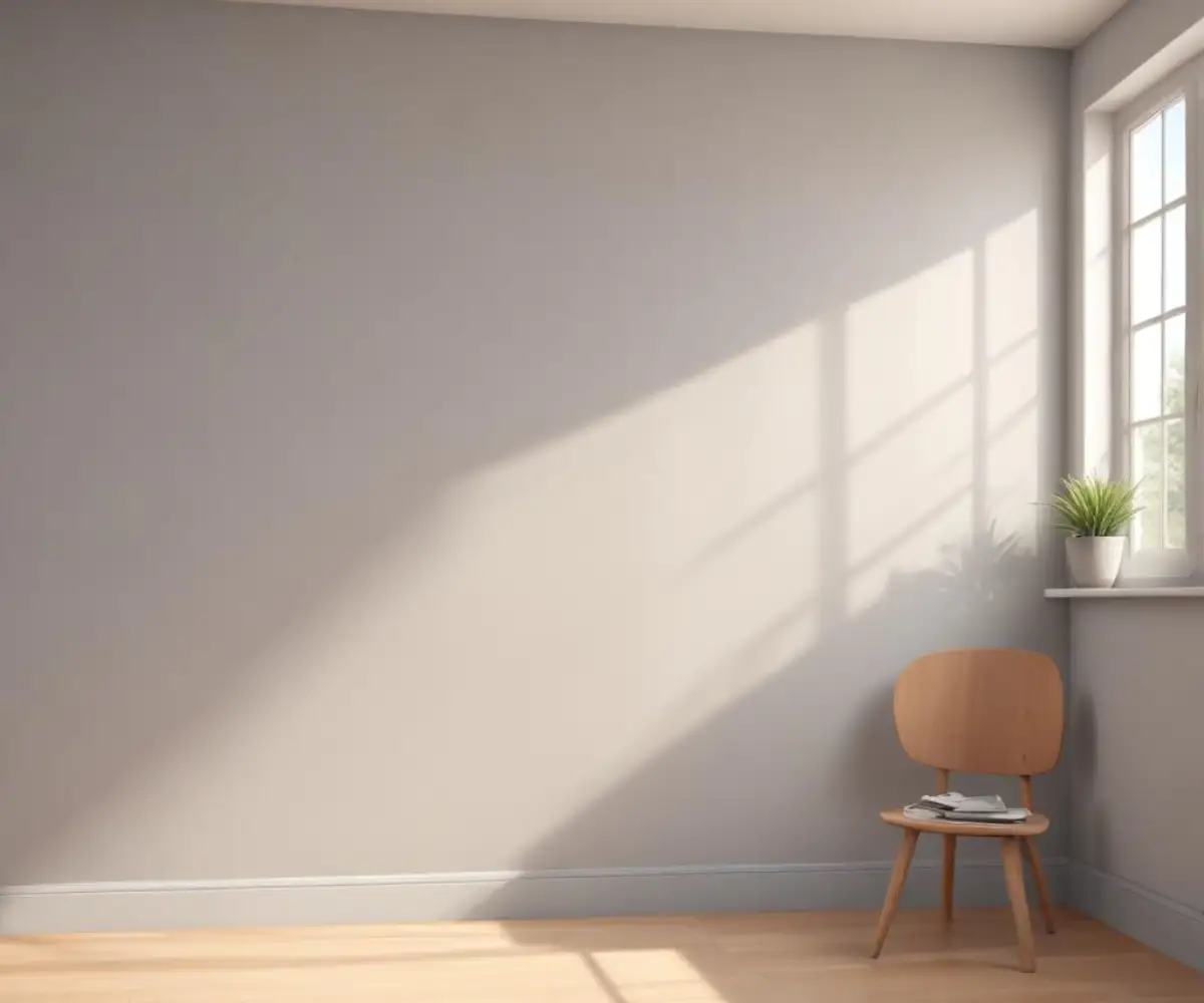 A brightly lit interior wall painted with a neutral, soft light french gray paint.