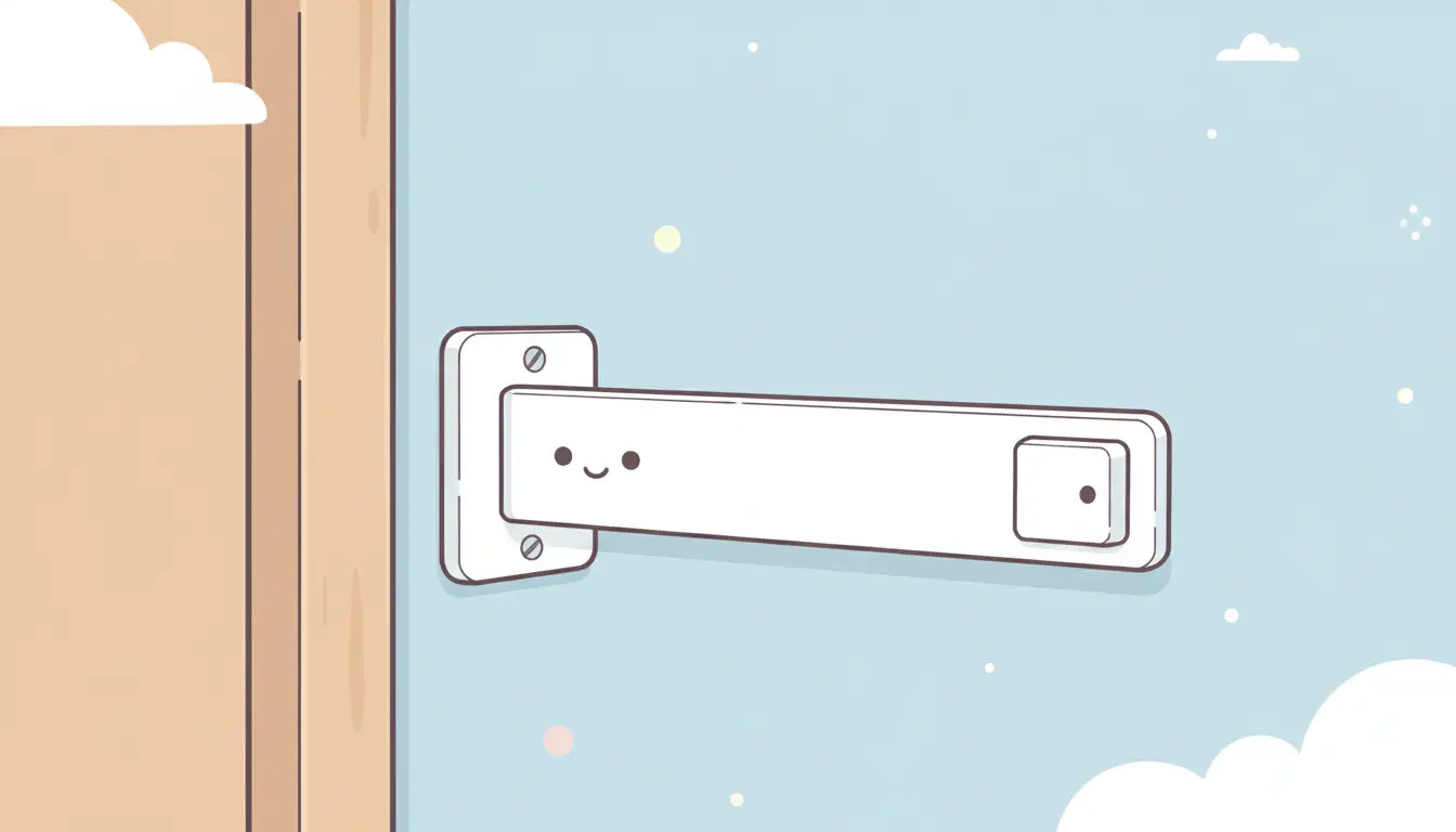 A white plastic sideways light switch extender mounted on a wall, bypassing a wooden door frame.
