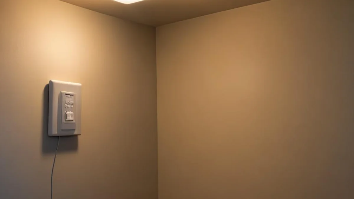 A dimly lit room with a flickering ceiling light and a dehumidifier plugged into a wall outlet.