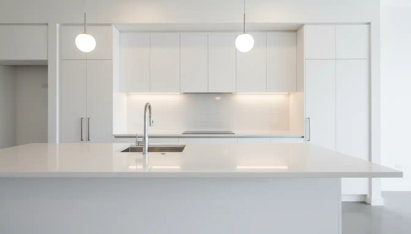 A modern kitchen with sleek, white, cabinets and a quartz countertop under bright lighting.