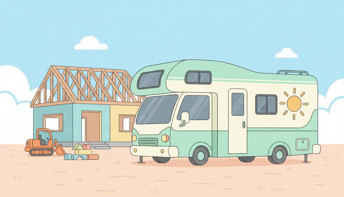 A modern recreational vehicle parked on a residential construction site with an unfinished house in the background under a clear blue sky.