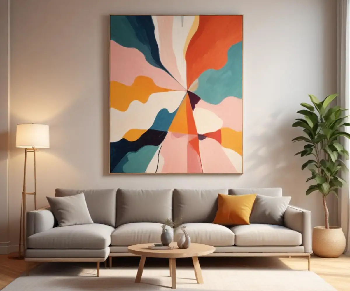 A large abstract painting and a tall floor lamp creating a balanced, asymmetrical arrangement on a wall behind a sofa.
