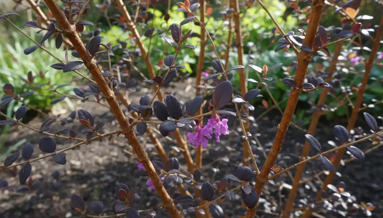 A close-up of a loropetalum shrub with thin, woody stems and sparse purple foliage in a garden setting.