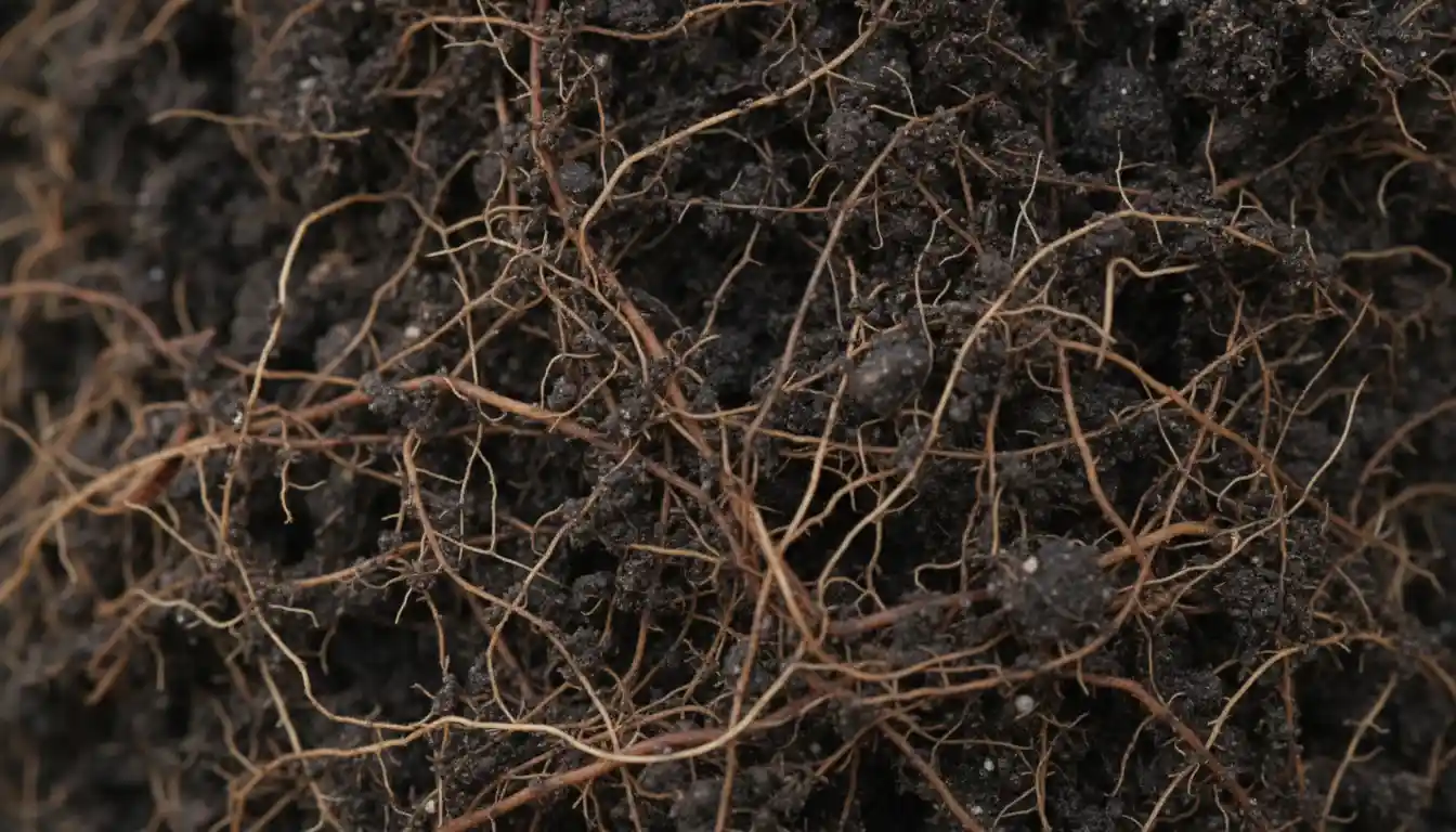 Close-up of a dense network of fine, fibrous plant roots in dark, rich soil.