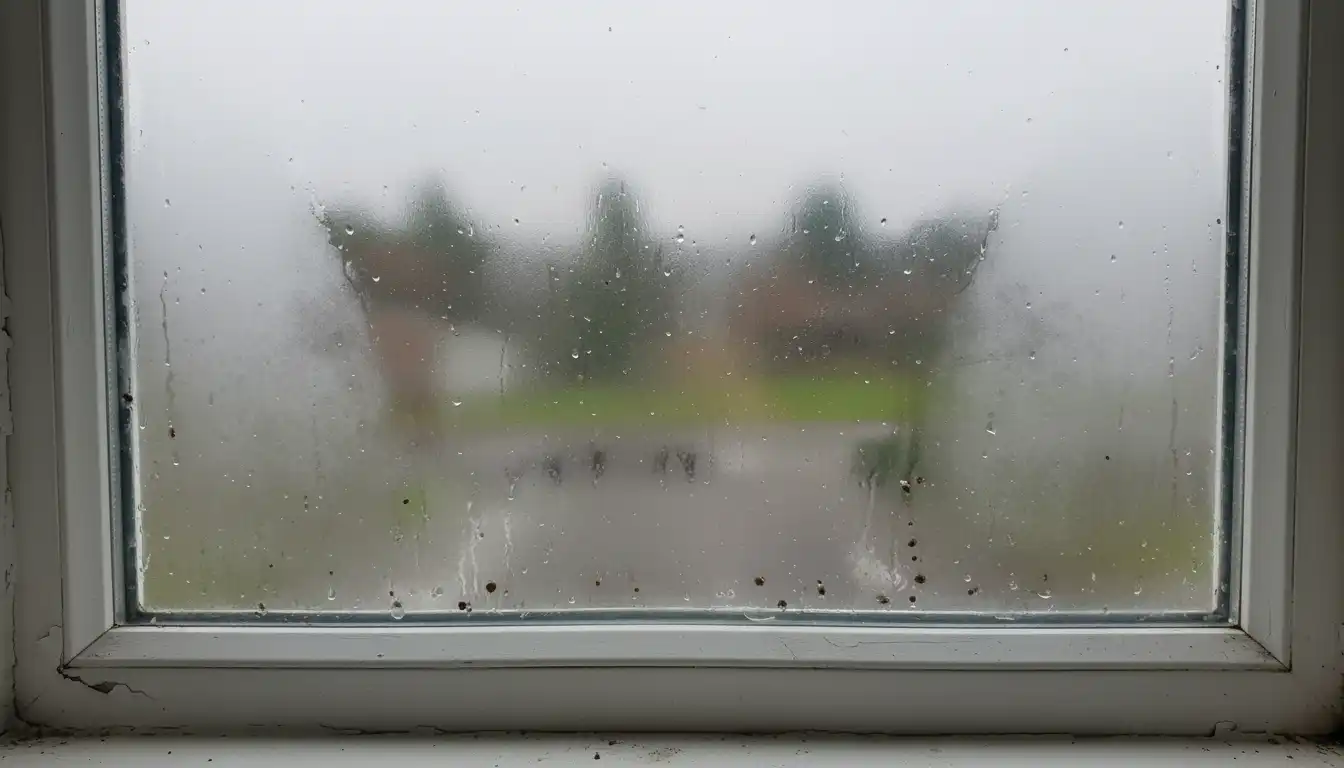 Close-up of condensation between the panes of a double-glazed window with a hazy, distorted view to the outside.