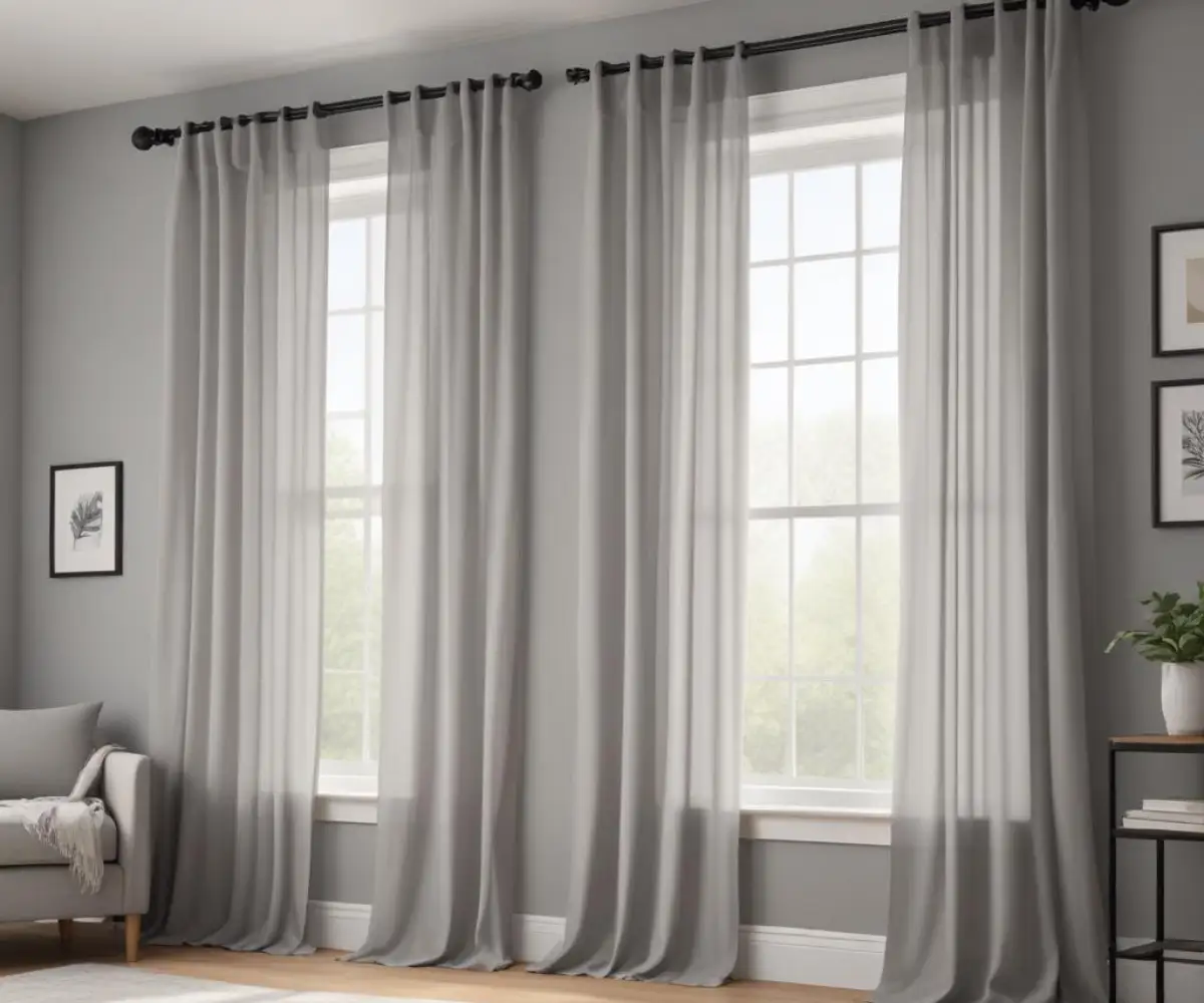 A sleek, low-profile double curtain rod in a matte black finish mounted on a light gray wall above a window, holding both sheer and solid white curtains.