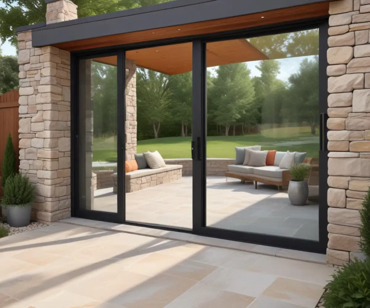 A modern, wide sliding glass patio door with a flush, low-profile threshold creating a seamless transition to an outdoor stone patio.