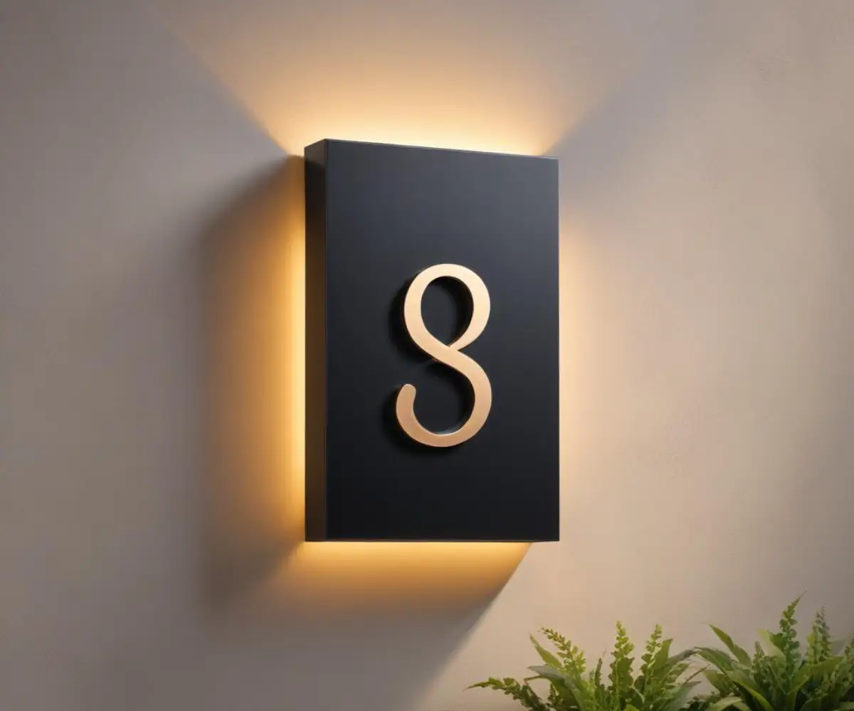 A modern, backlit house number sign with a dark metal finish mounted on a light-colored exterior wall.