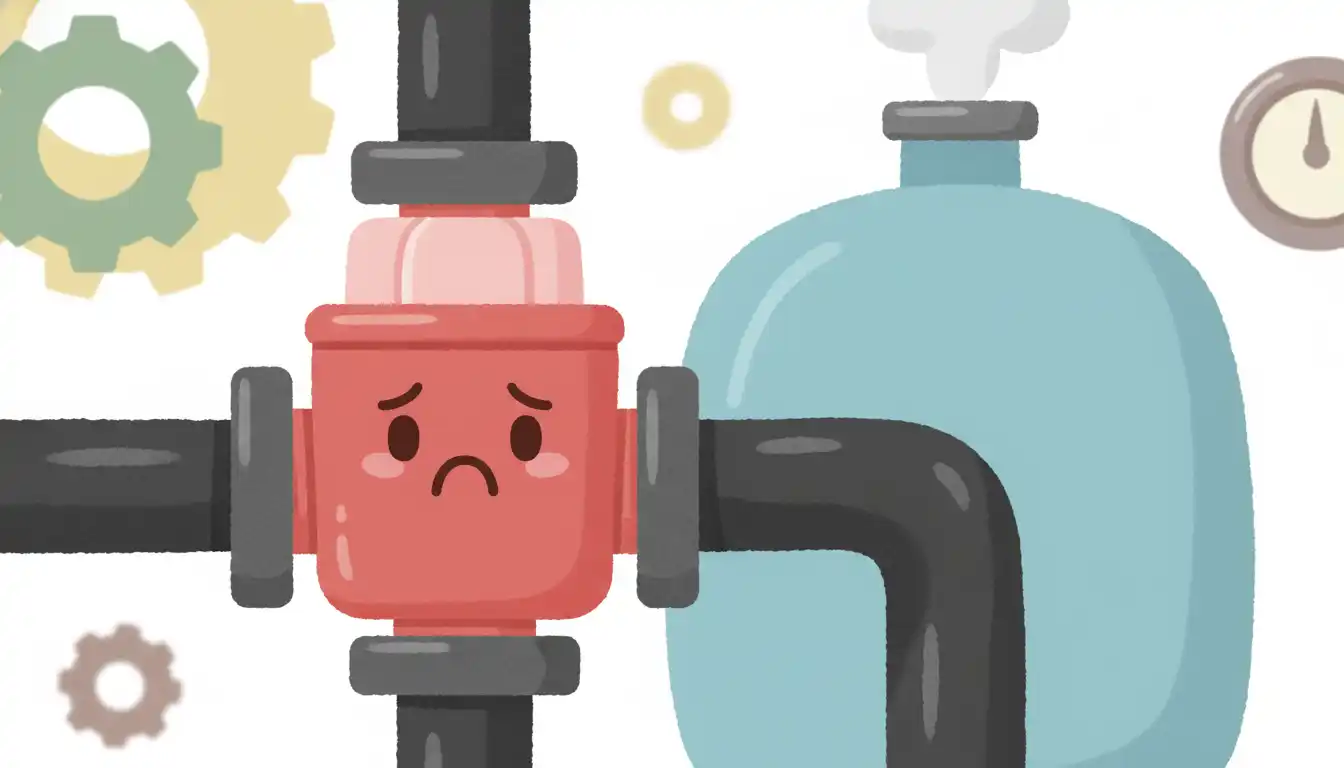 Close-up view of a red low water cutoff control valve attached to the black iron pipes of a boiler system.