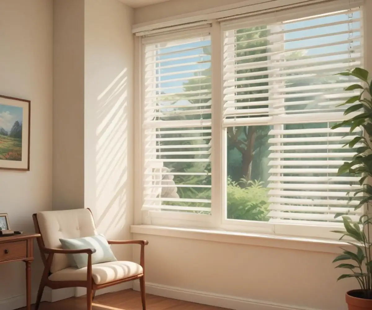 Newly installed white horizontal window blinds casting soft light into a room.