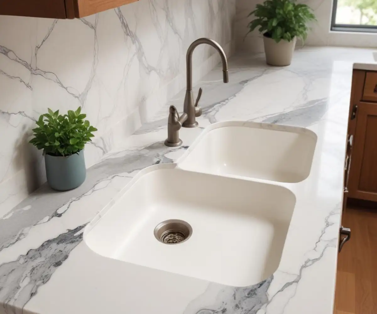 A newly installed white quartz kitchen countertop with gray veining and a seamless undermount sink.