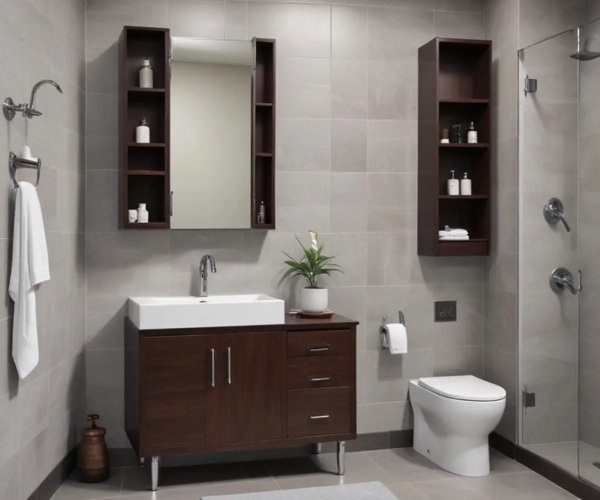 A newly installed modern bathroom vanity with a white ceramic sink, a polished chrome faucet, and dark wood cabinets set against a light gray tiled wall.