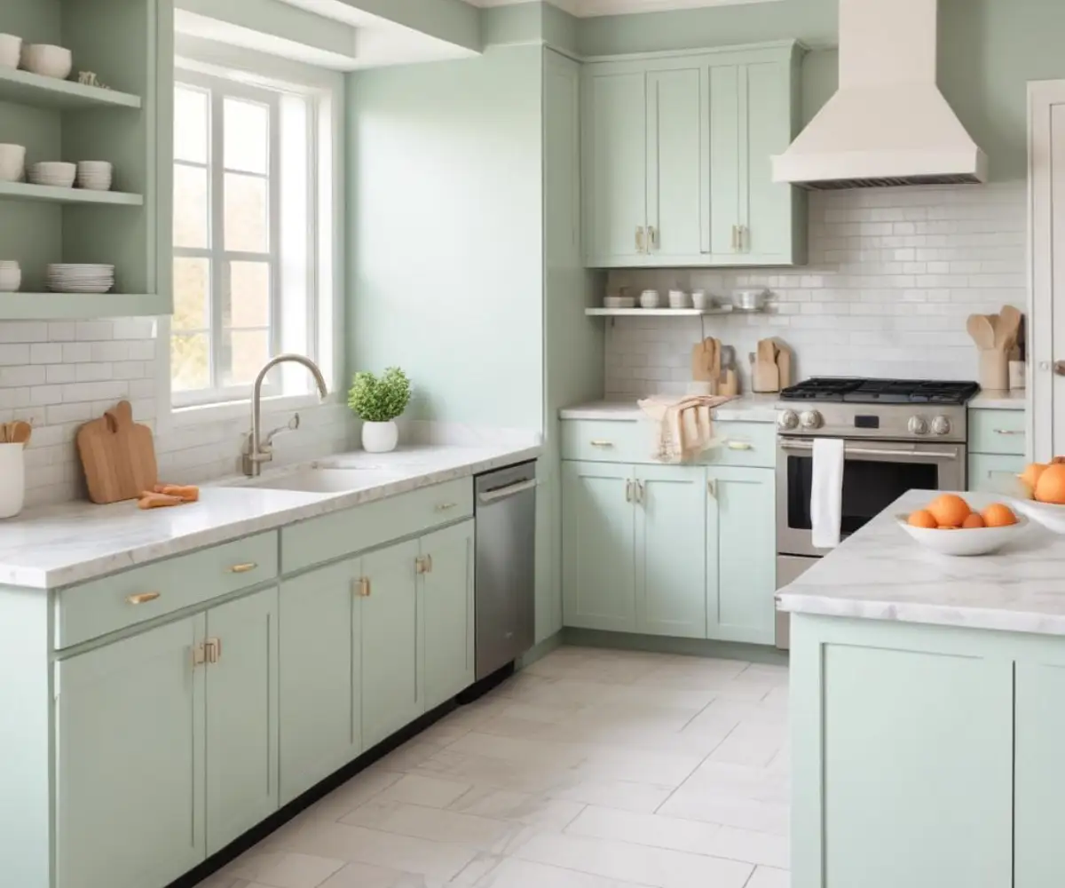 Modern kitchen with white shaker-style cabinets, a marble countertop, and a subway tile backsplash.